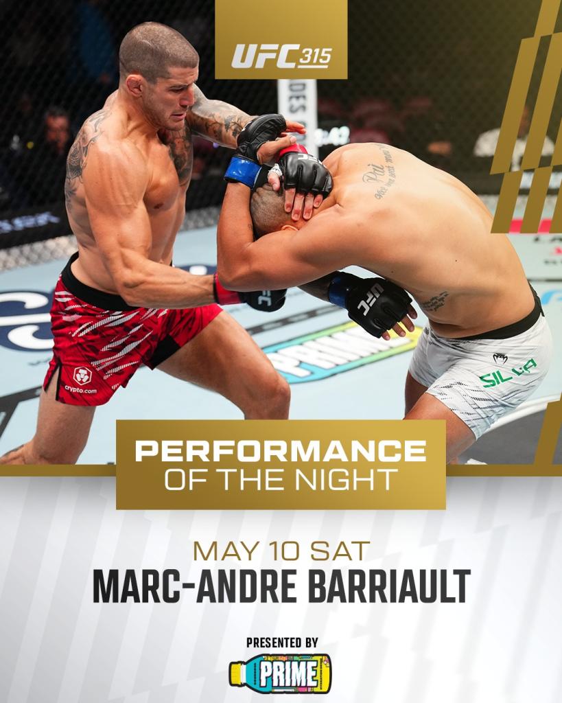 UFC 315 - Bonus de la soirée pour Barriault, Jasudavicius, Della Maddalena et Muhammad | Montreal