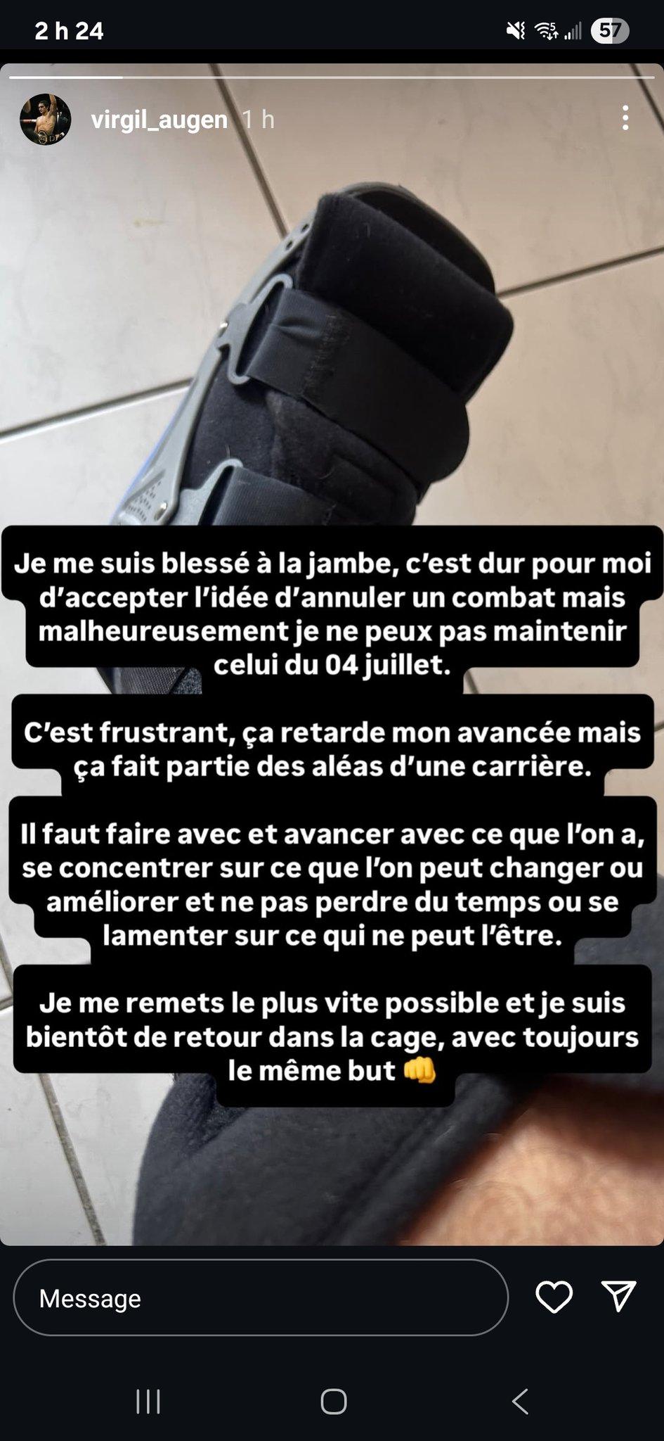 Virgil Augen contraint de déclarer forfait pour l’ARES 33 à cause d’une blessure à la jambe