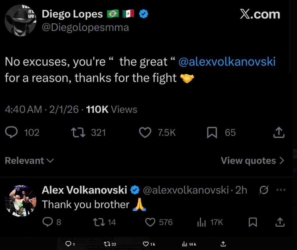 Diego Lopes honore Alex Volkanovski après leur combat : « Tu es 