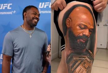 Jon Jones réagit avec enthousiasme au tatouage d'un admirateur gravé sur sa jambe