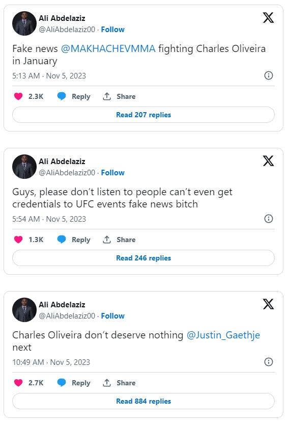 Ali Abdelaziz dément la rumeur d'une revanche présumée entre Islam Makhachev et Charles Oliveira à l'UFC 297